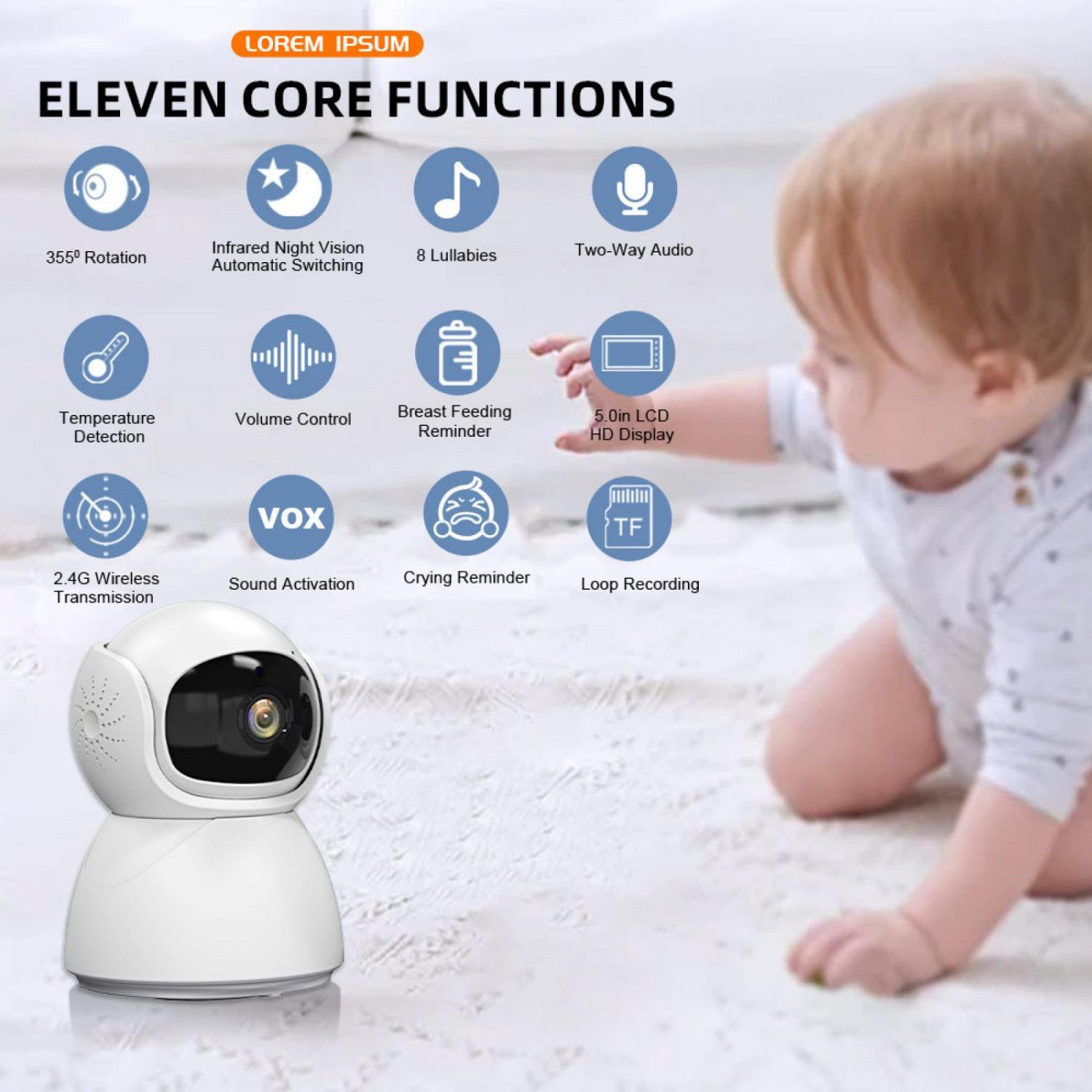 Ein Baby krabbelt auf einem Teppich, Babyphone-Funktionen sind abgebildet.