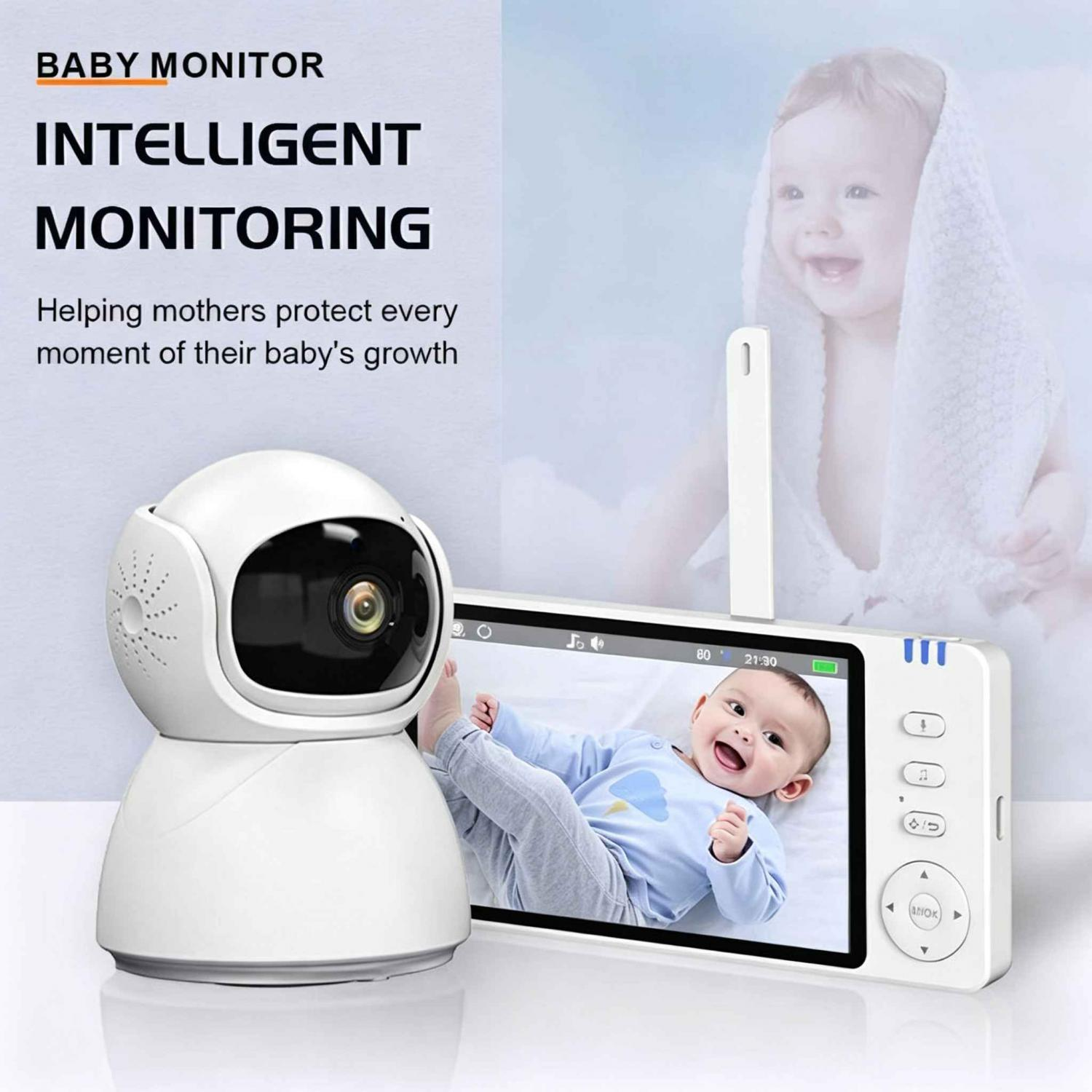 Ein weißer Baby Monitor mit Kamera und Bildschirm, der ein Baby zeigt.