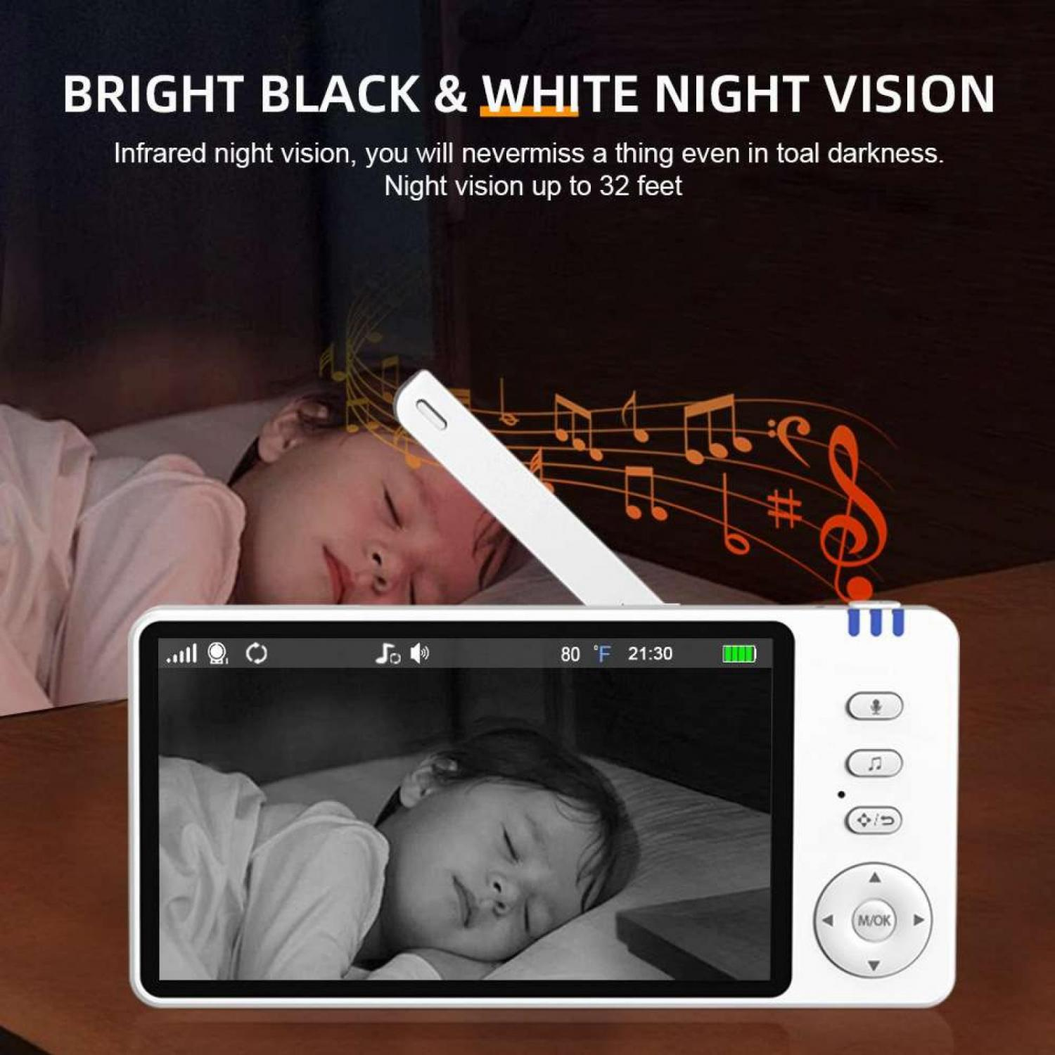 Ein Baby schläft, überwacht von einem Babyphone mit Nachtsicht.
