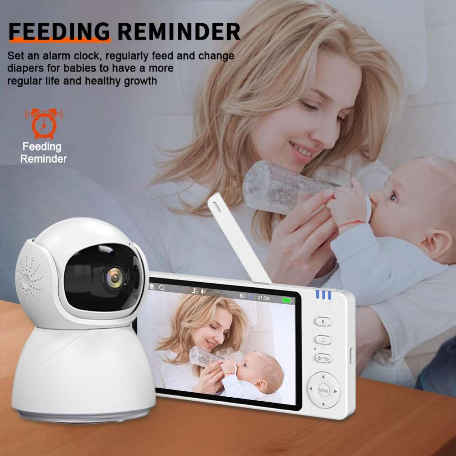Ein Babyfon zeigt eine Mutter, die ihr Baby füttert. Ein Babykamera-Gerät ist daneben.
