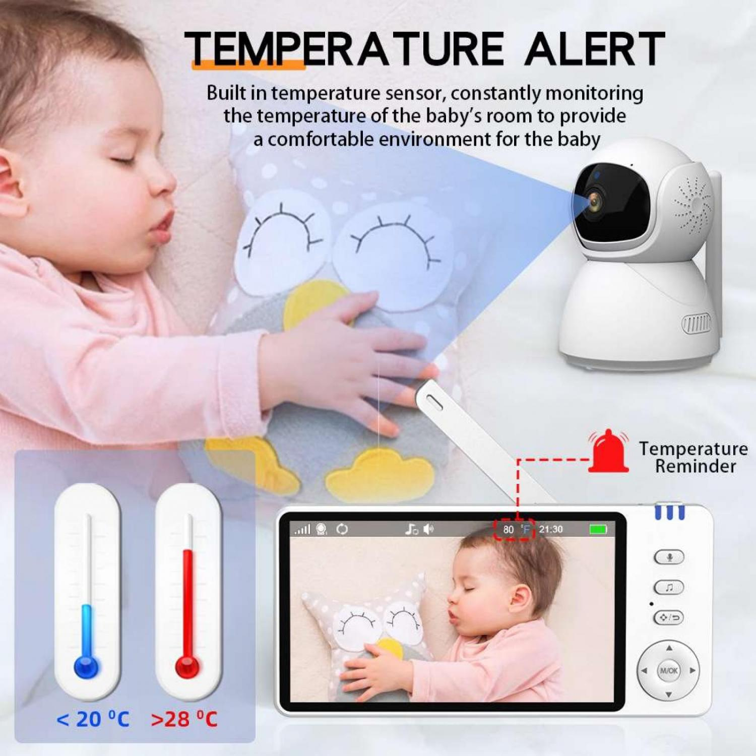 Babyphone zeigt schlafendes Baby, Temperaturwarnung und zwei Thermometer.