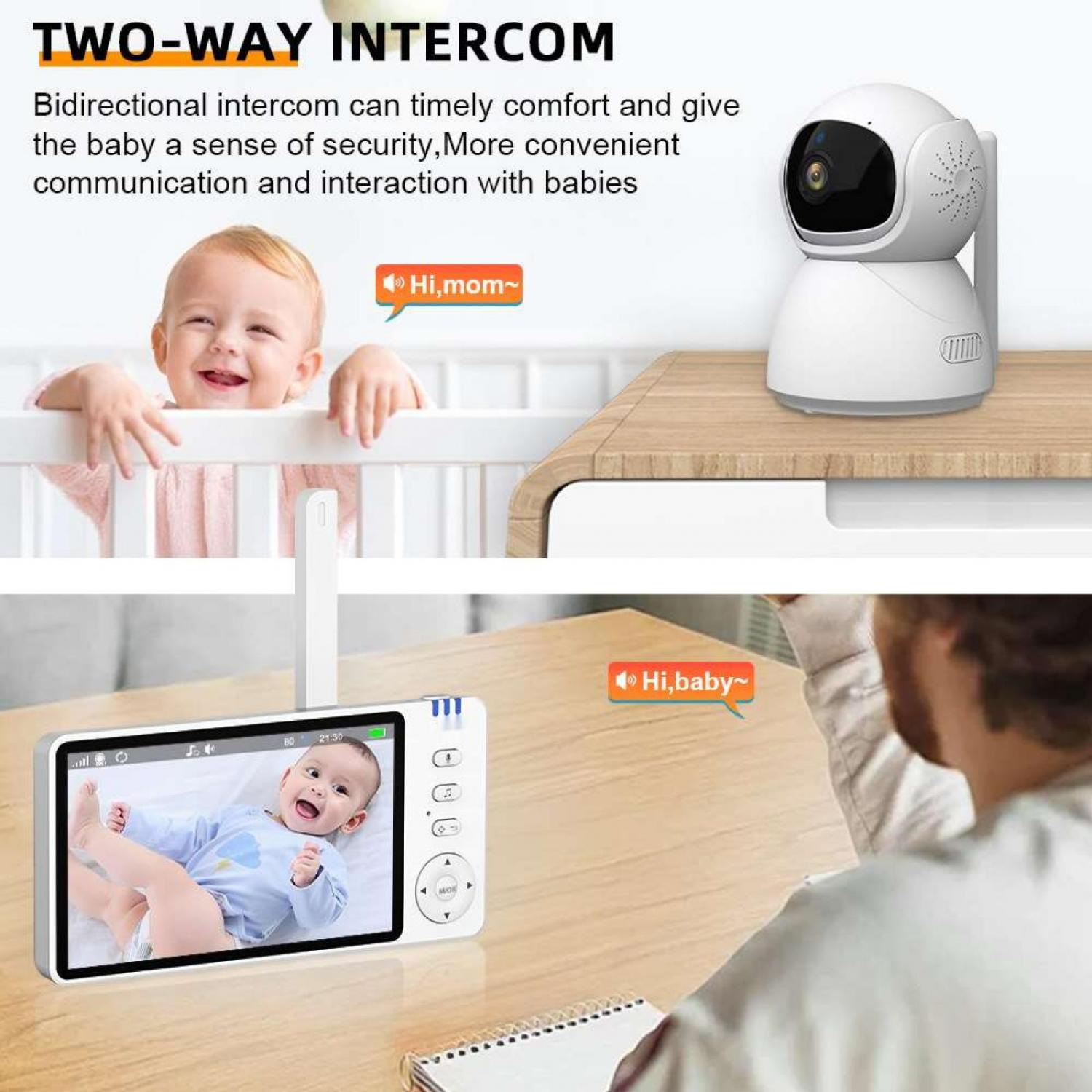 Ein Baby im Kinderbett lacht, eine Kamera und ein Monitor zeigen die Interaktion.