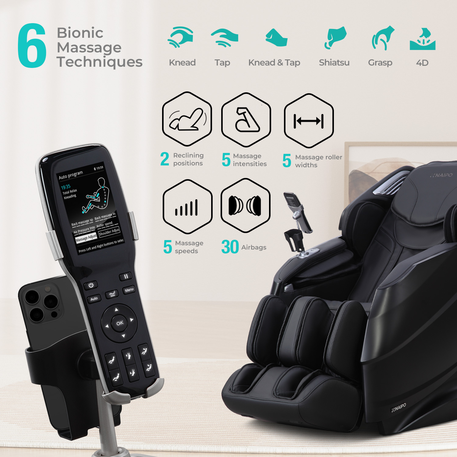 Ein schwarzer Massagesessel mit Fernbedienung und Smartphone-Halterung. Merkmale sind aufgeführt.