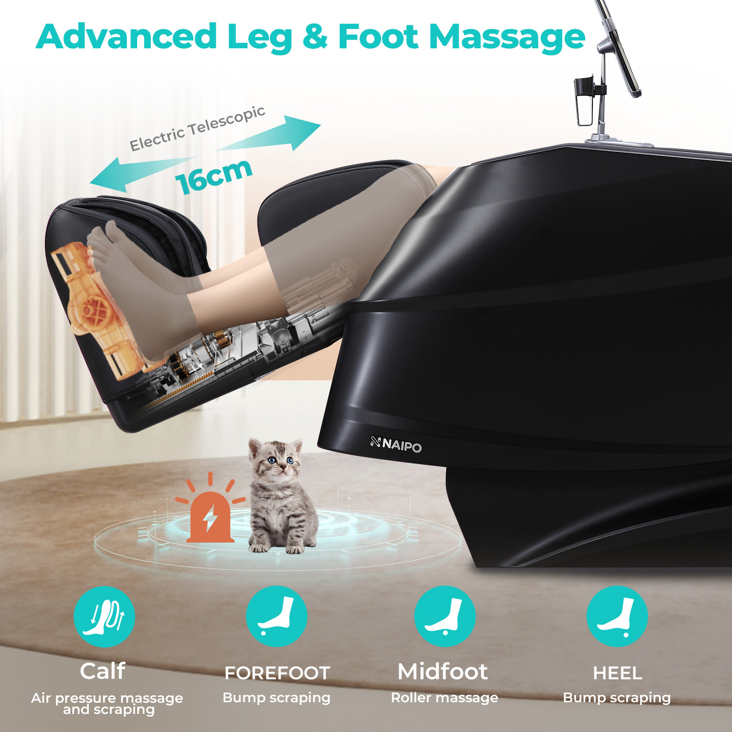 Ein Massagegerät für Beine und Füße mit elektrischer Teleskopfunktion von 16 cm.