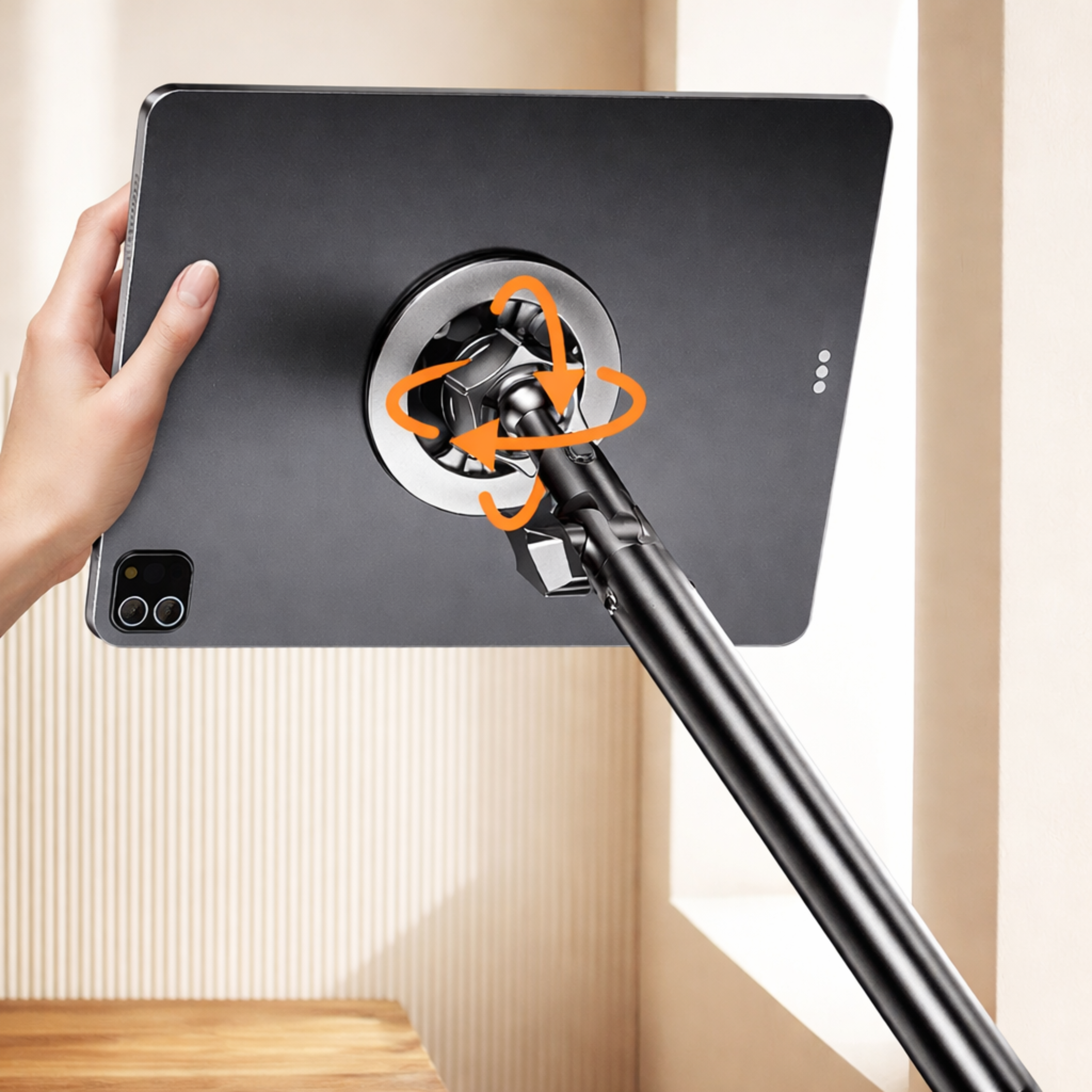 Eine Hand hält ein Tablet, das an einem flexiblen Arm befestigt ist. Orange Pfeile zeigen Drehbewegungen.