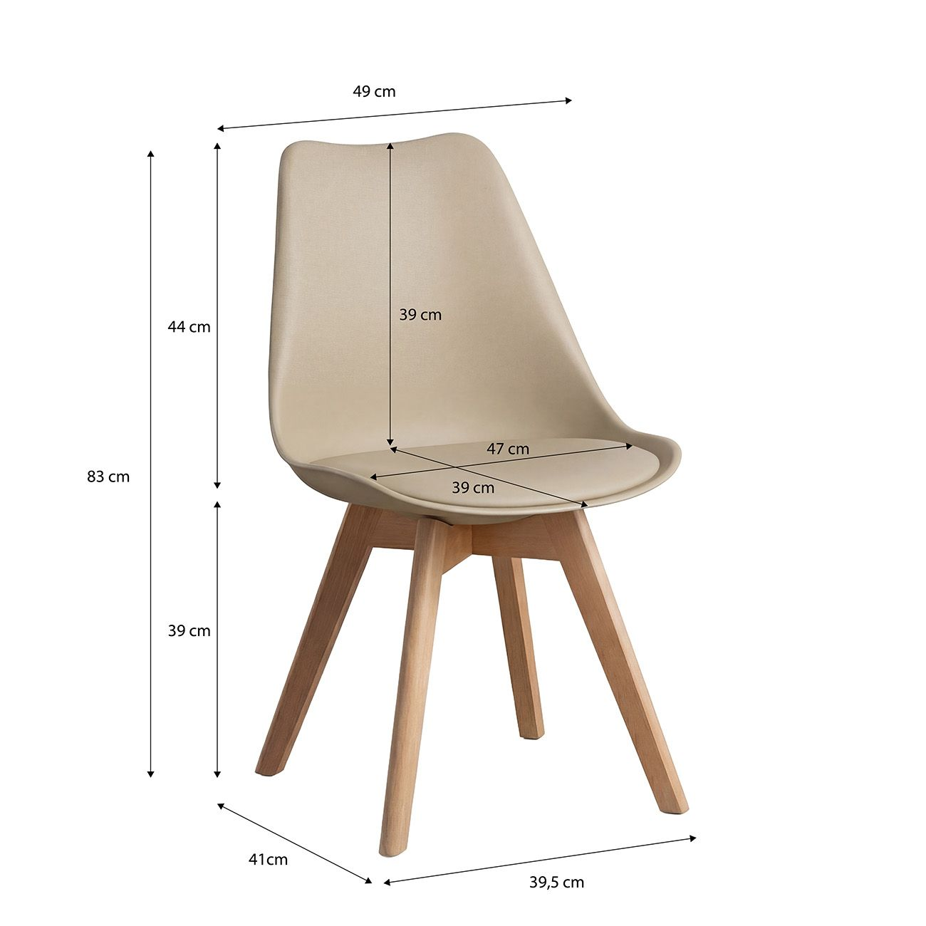 Una silla beige con patas de madera, mostrando dimensiones.