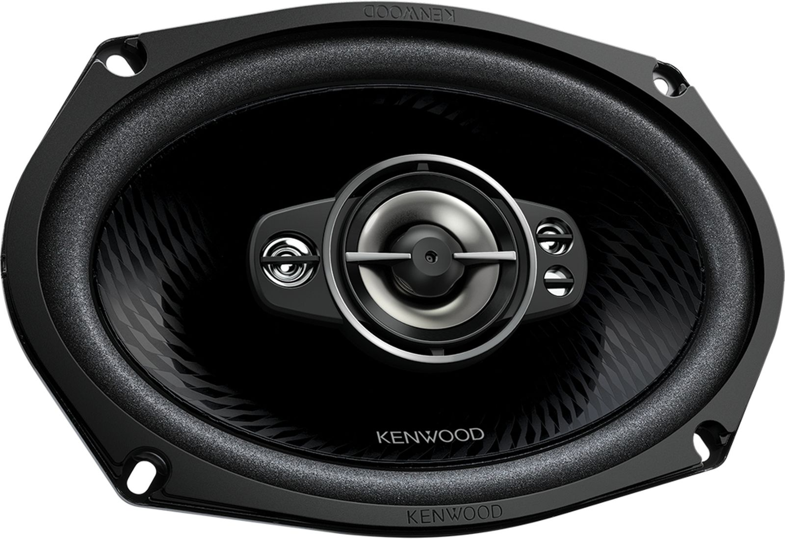Altoparlante ovale Kenwood nero per auto con accenti argentati e cono testurizzato.