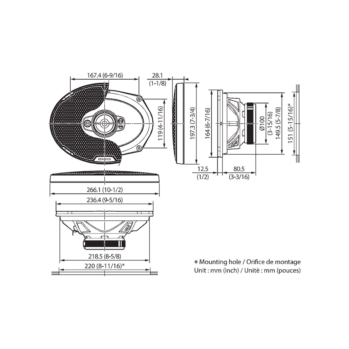 Disegno tecnico di un altoparlante con dimensioni in mm e pollici.