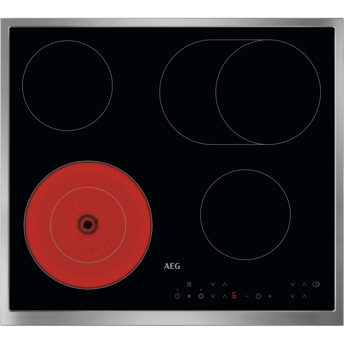 Piano cottura in vetroceramica nero con quattro zone, una delle quali è rossa.