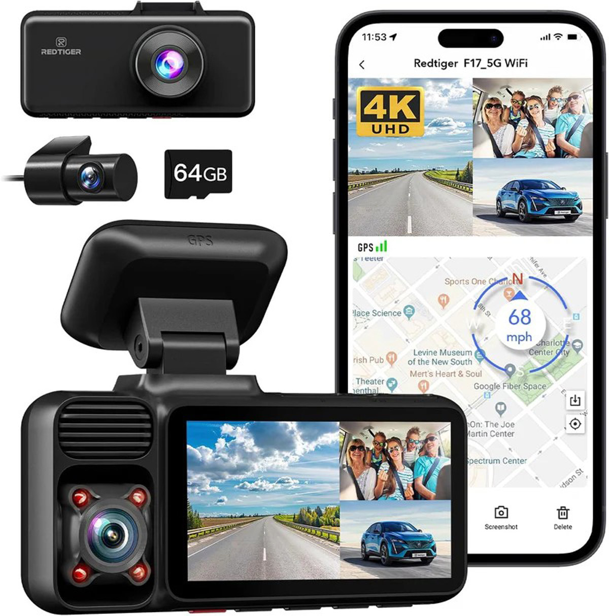 Dashcam-Kit mit Front- und Rückkameras, 64-GB-Karte und App mit Karte und Video.