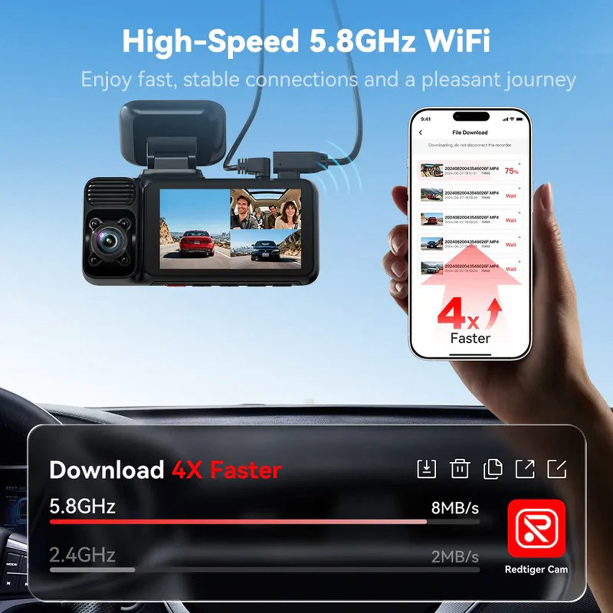Dashcam mit 5,8 GHz WiFi, Smartphone-Download-Anzeige und Geschwindigkeitsvergleich.