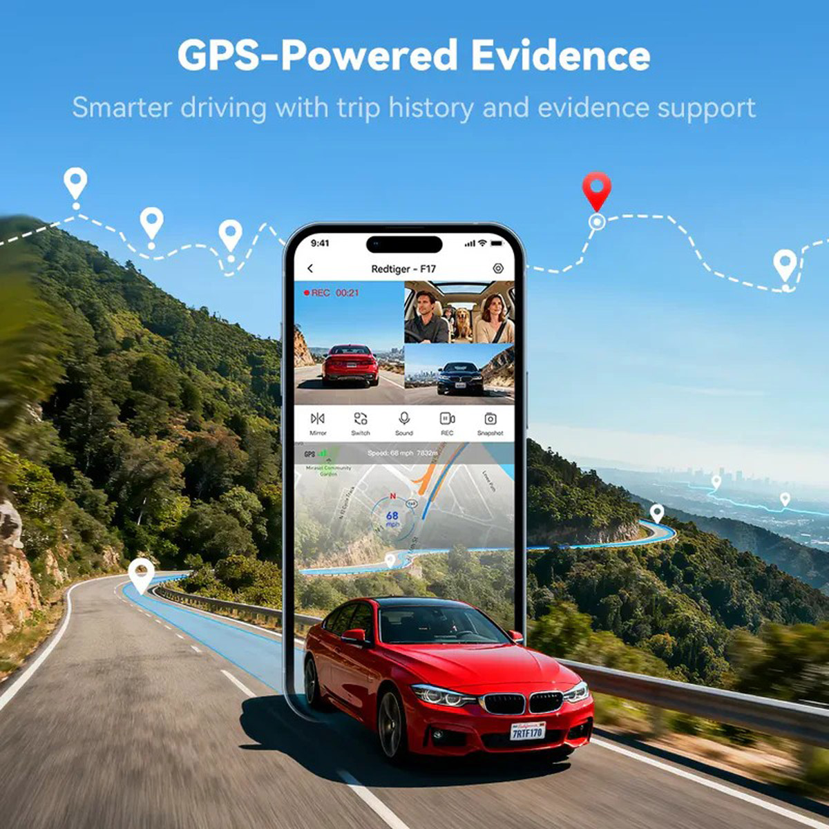 Rotes Auto auf Bergstraße, Handy zeigt Fahrten-App mit Karte und Kameras.