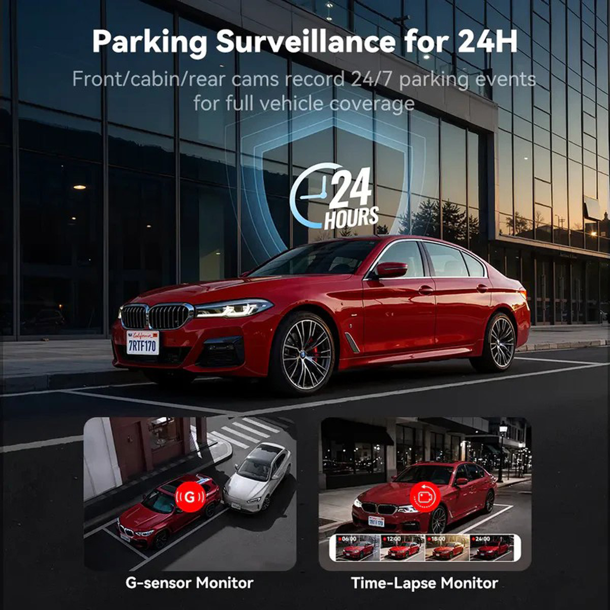 Rotes Auto unter 24-Stunden-Parküberwachung. G-Sensor- und Zeitraffer-Monitoransichten gezeigt.