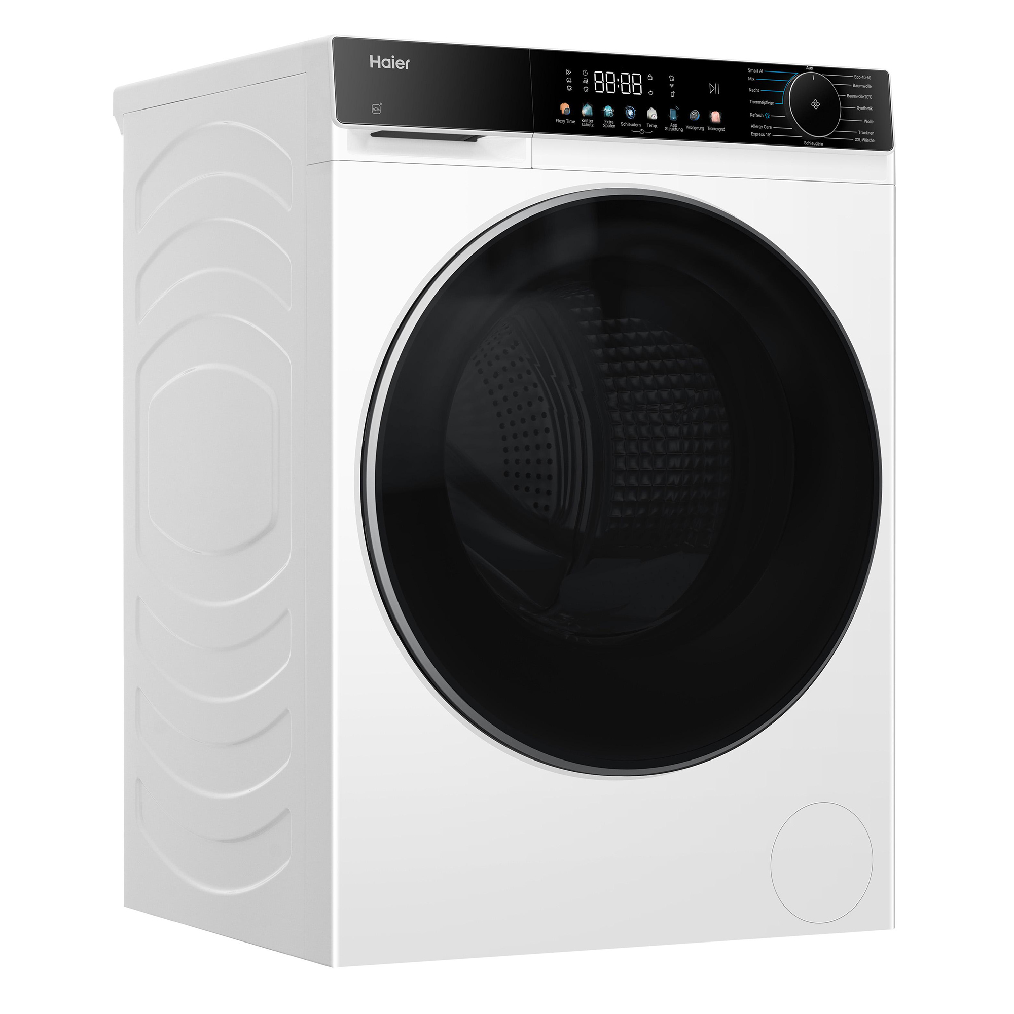 Weiße Haier Waschmaschine mit schwarzer Tür und digitalem Bedienfeld.