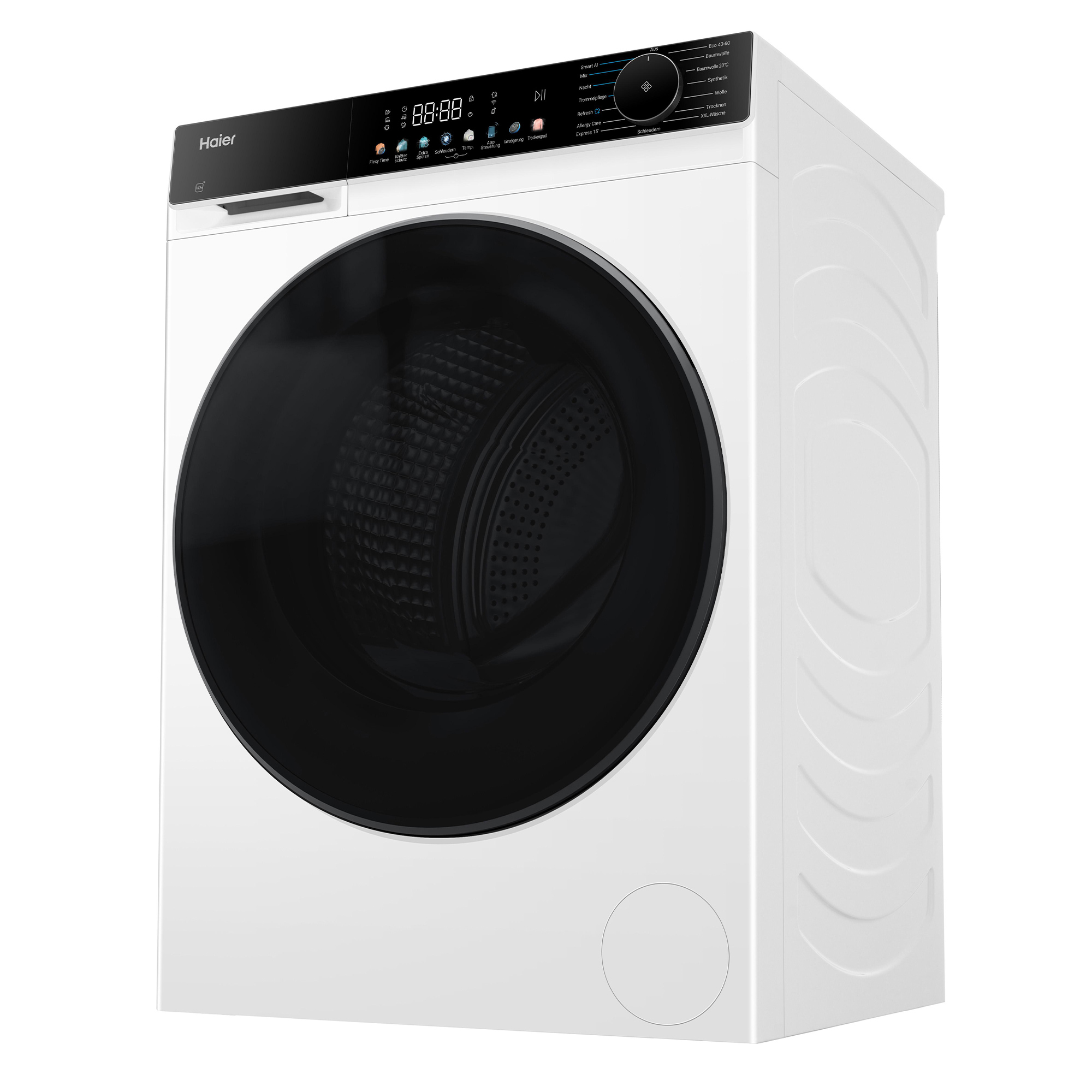 Eine weiße Haier Waschmaschine mit schwarzer Tür und digitalem Bedienfeld.