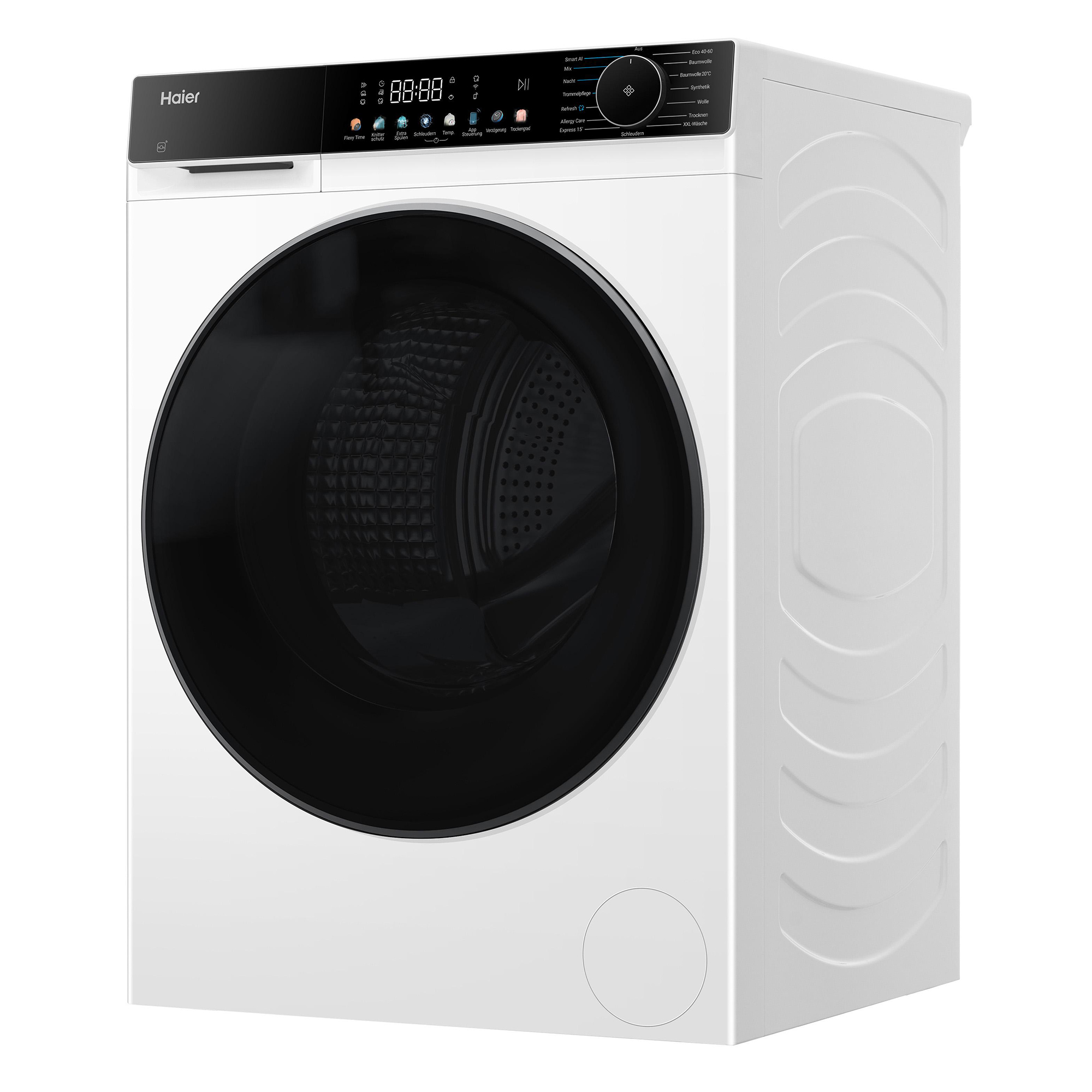 Eine weiße Haier Waschmaschine mit schwarzer Tür und Bedienfeld.
