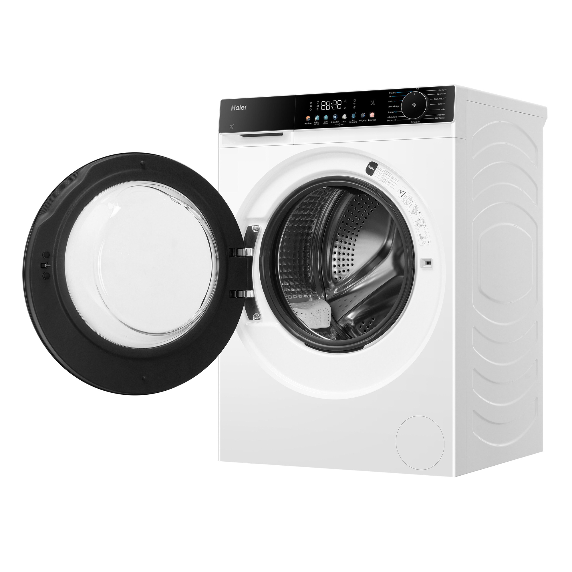 Eine weiße Haier Waschmaschine mit offener Tür und Trommel. Das Bedienfeld ist schwarz.