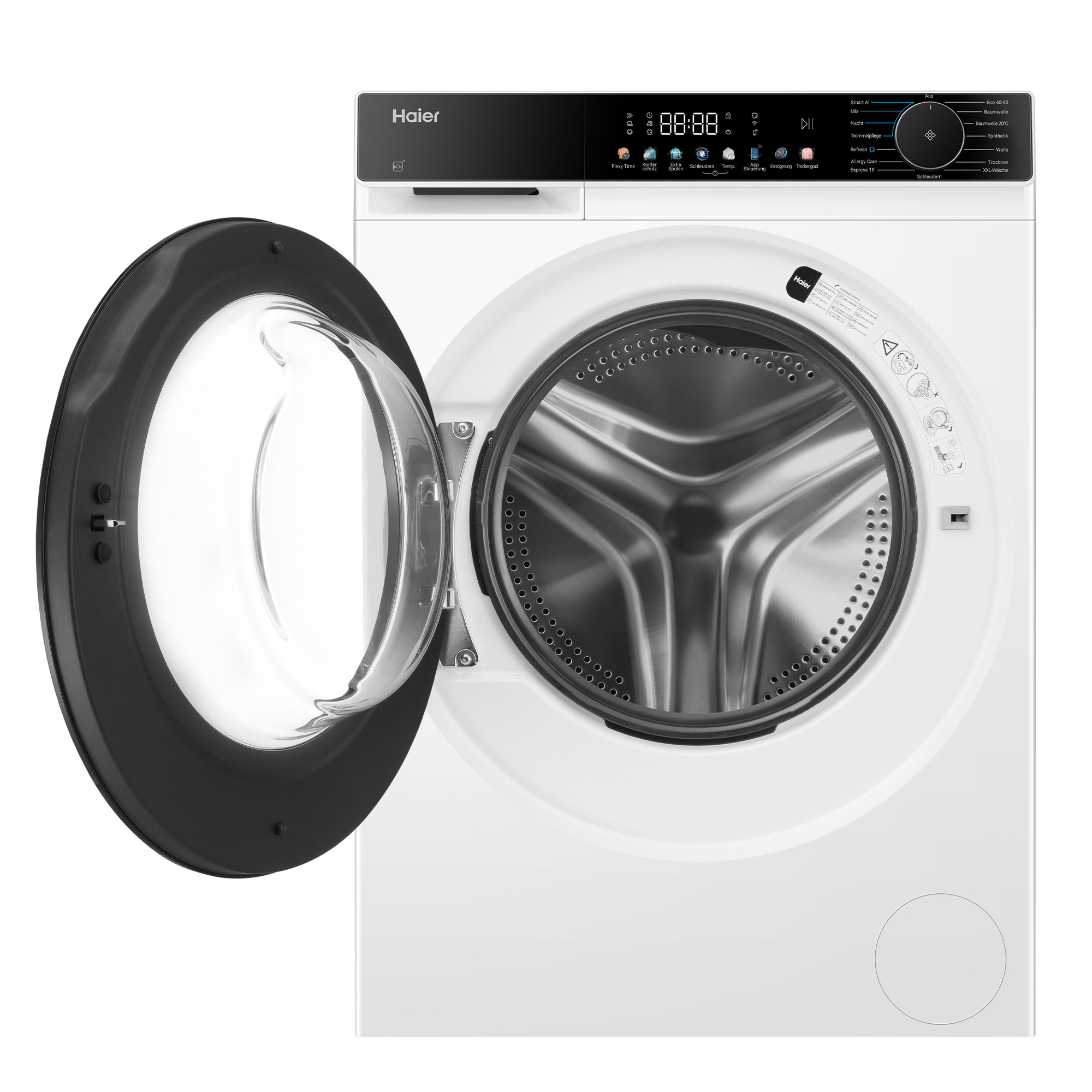 Eine weiße Haier Waschmaschine mit geöffneter Tür und silberner Trommel.