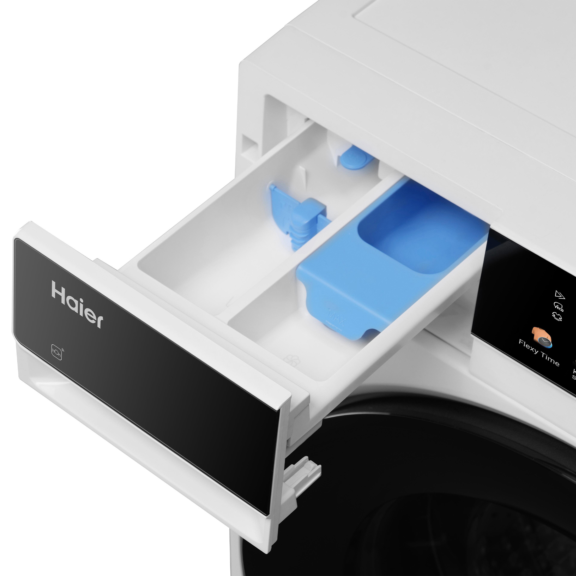 Ausgezogenes Fach einer weißen Waschmaschine mit blauem Einsatz. Haier-Logo sichtbar.