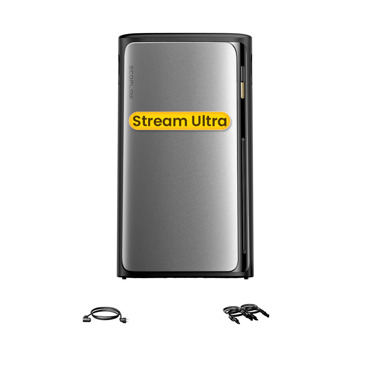Graues EcoFlow Stream Ultra-Gerät mit gelbem Etikett und zwei Kabeln.