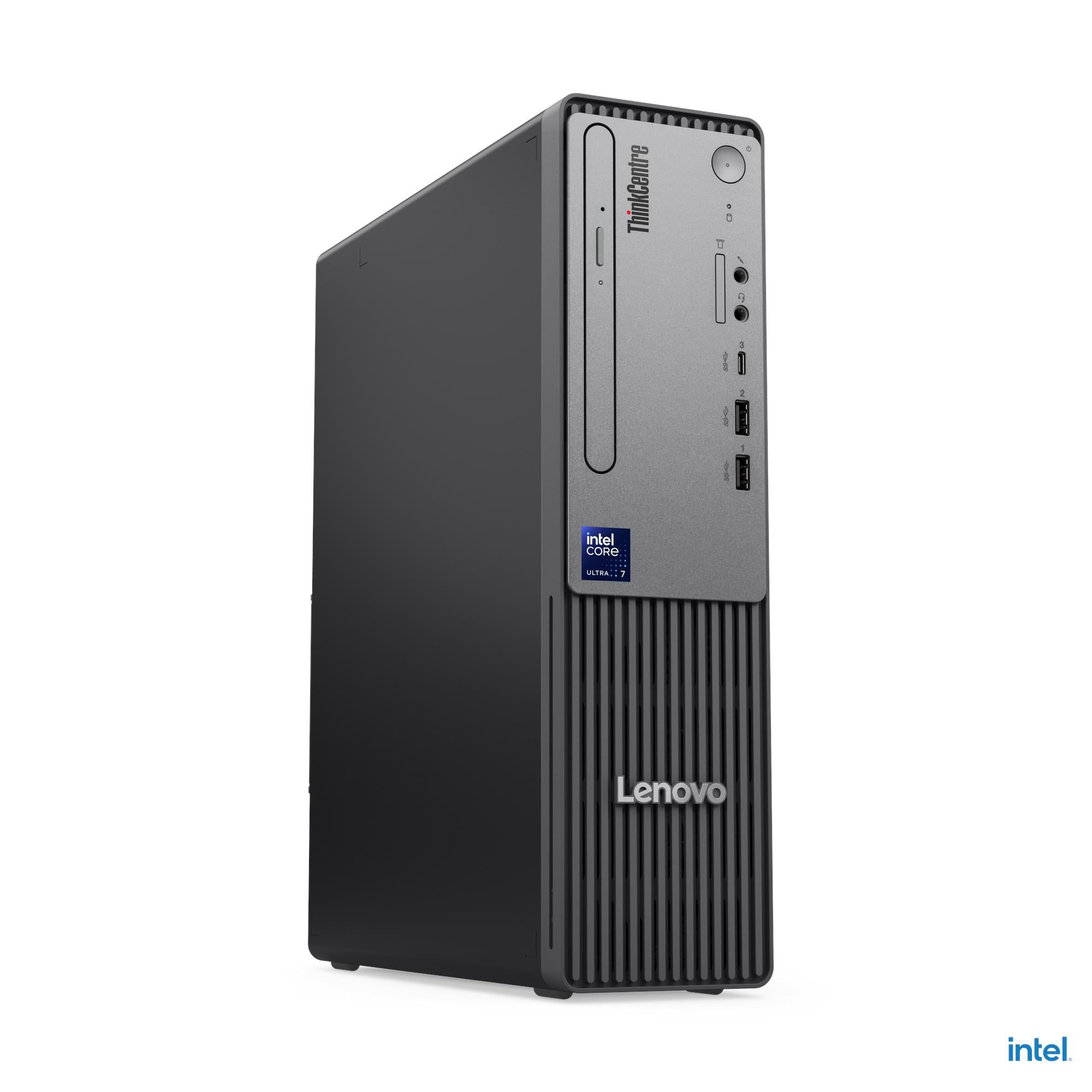 Un PC desktop Lenovo ThinkCentre nero con pannello frontale argentato e adesivo Intel Core Ultra 7.