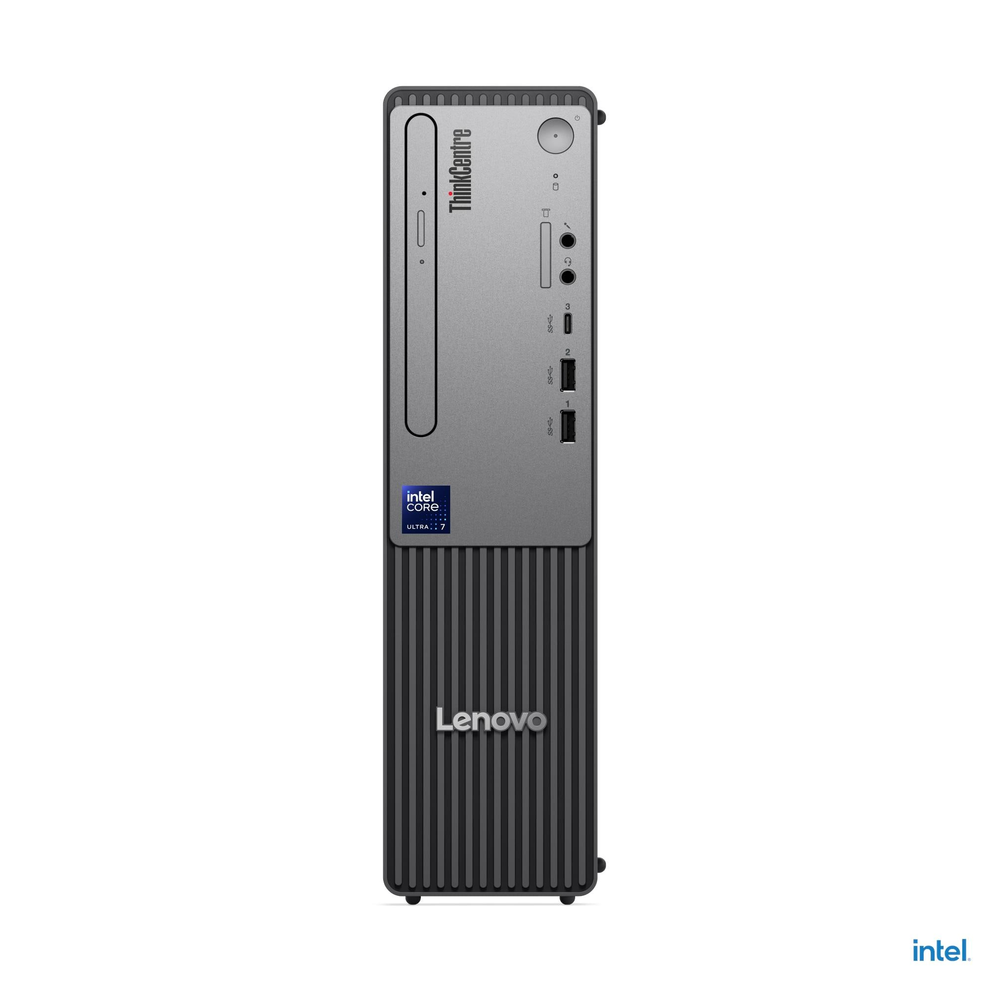 Un PC Lenovo ThinkCentre grigio con logo Intel Core Ultra 7 e porte.