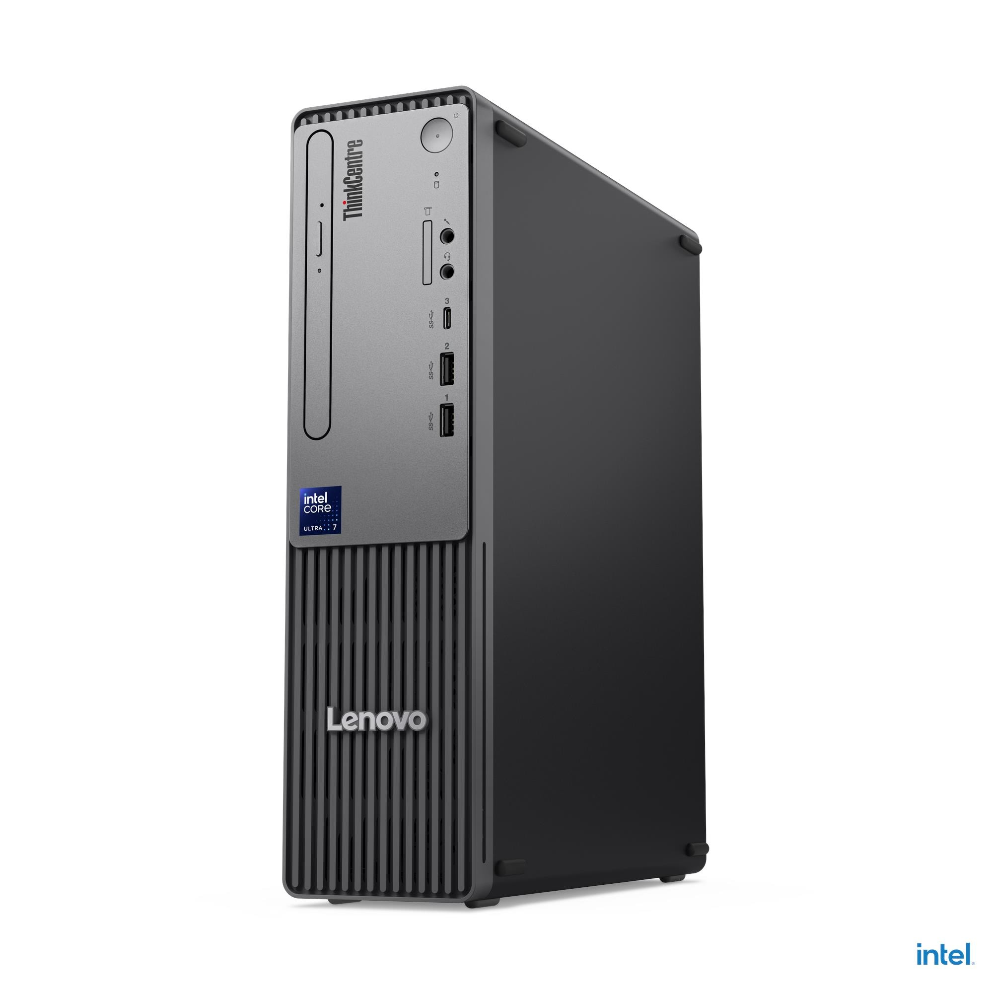 Un PC desktop Lenovo ThinkCentre grigio con adesivo Intel Core Ultra 7.