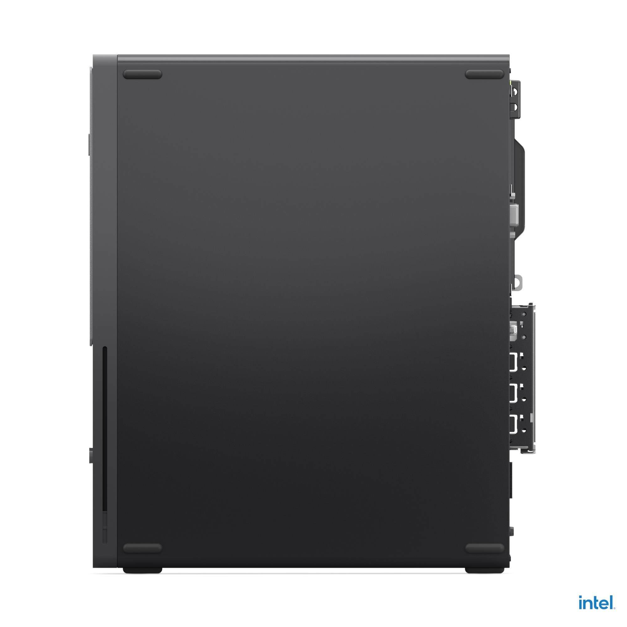 Computer desktop nero di lato, con porte e logo Intel.