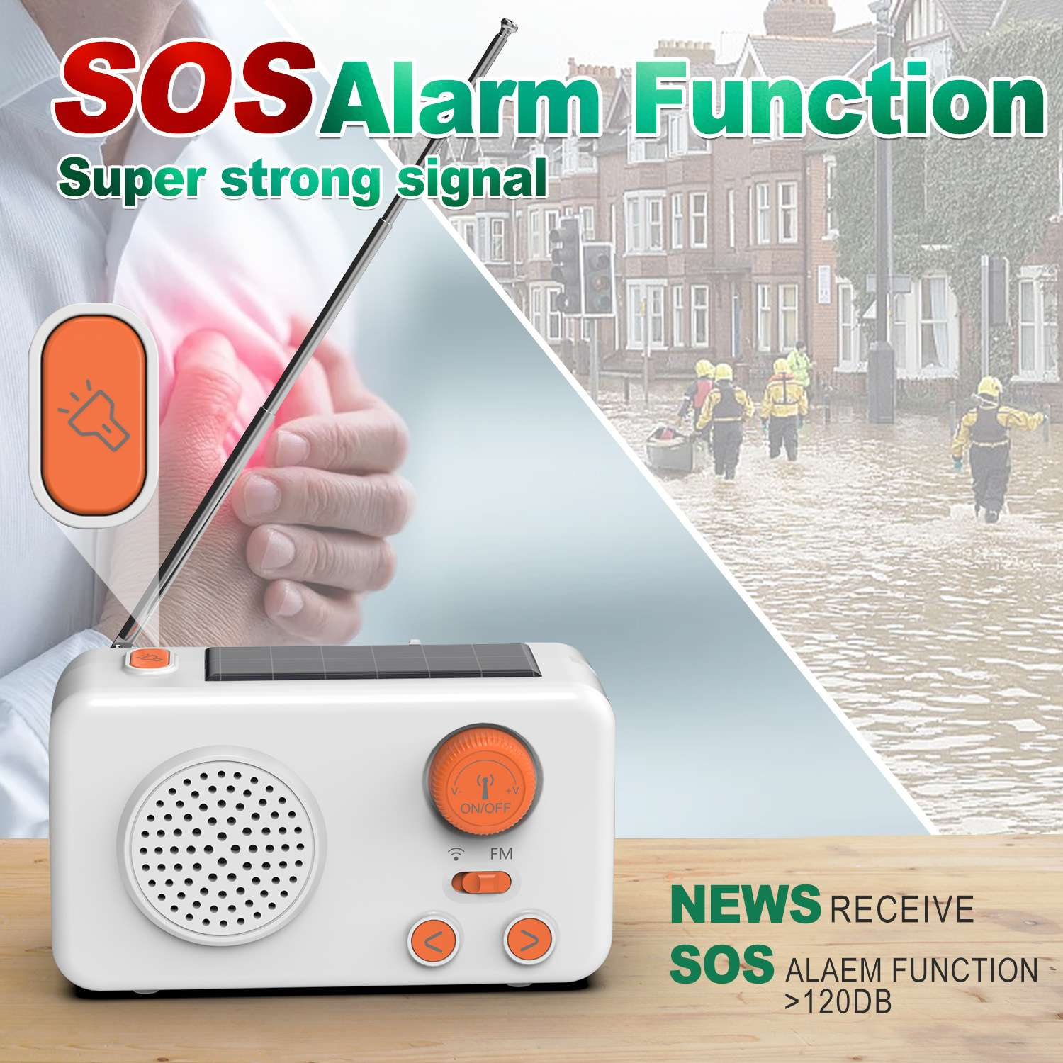 Ein weißes Radio mit Solarpanel und SOS-Alarmfunktion vor einer Flutkatastrophe.