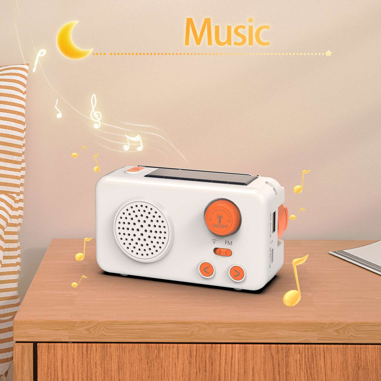 Ein weißer und oranger Radio auf einem Holztisch, mit Musiknoten und Mond-Symbolen.