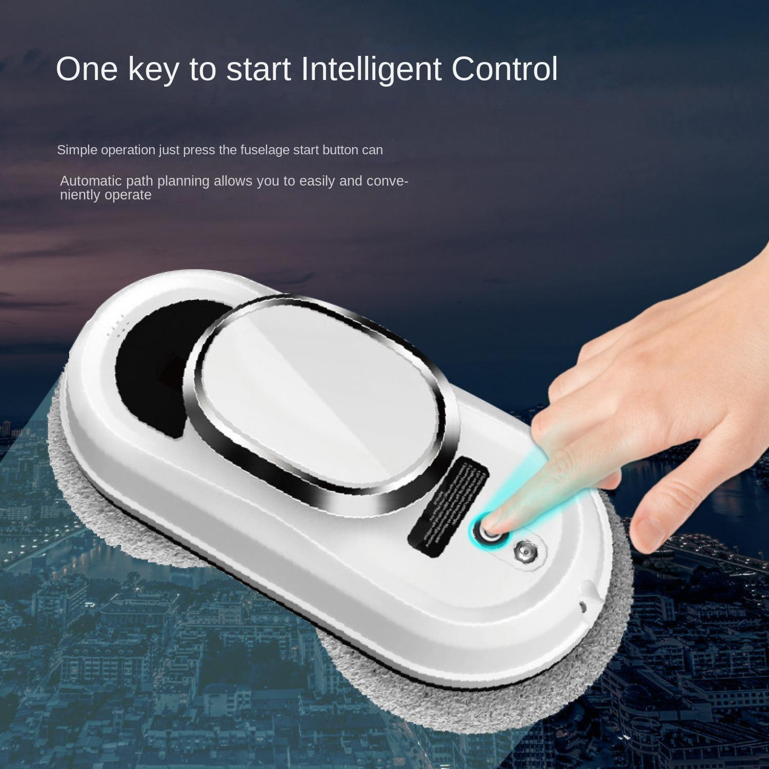 Ein Finger drückt den Startknopf eines weißen Fensterreinigungsroboters.