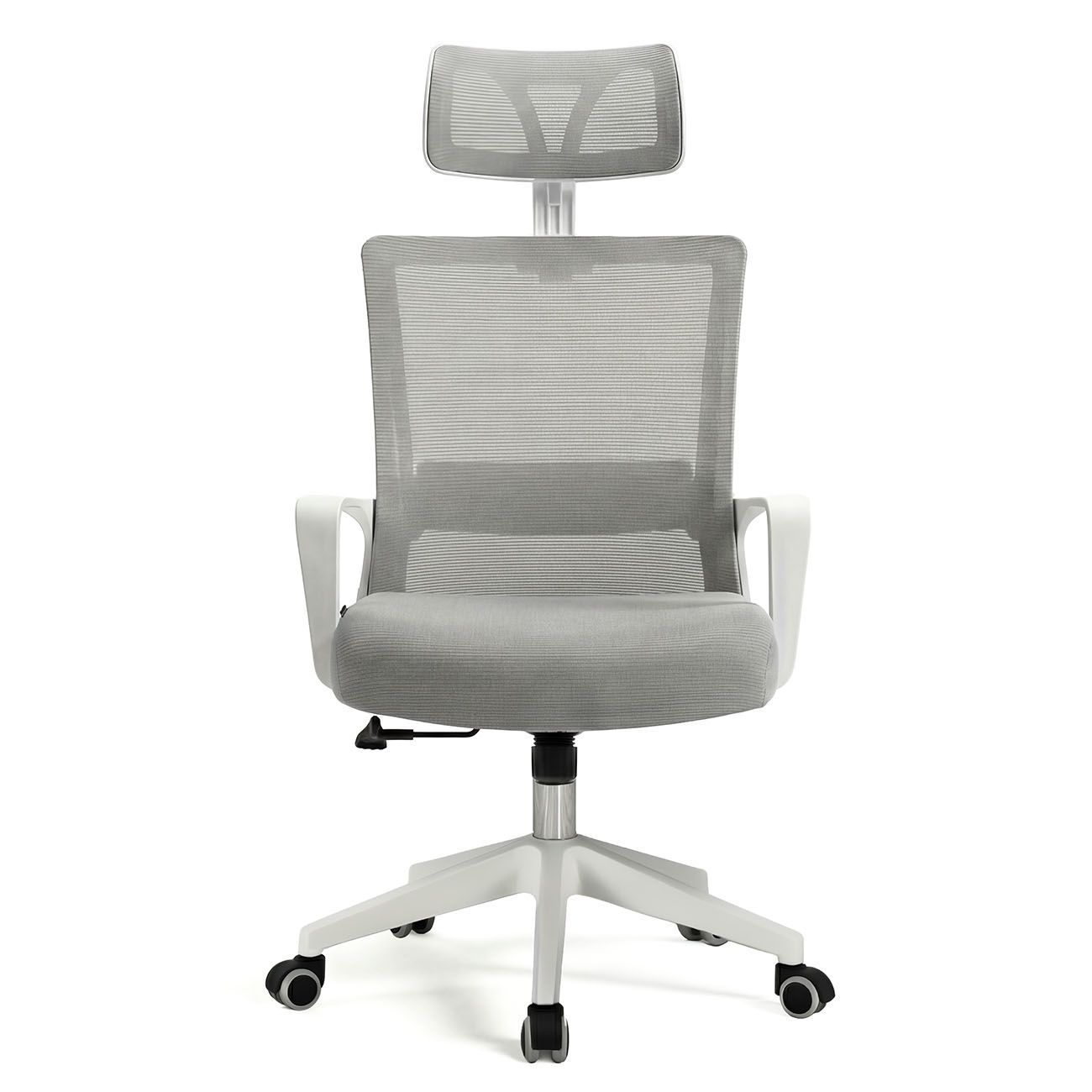 Silla de oficina de malla gris con marco blanco y reposacabezas.