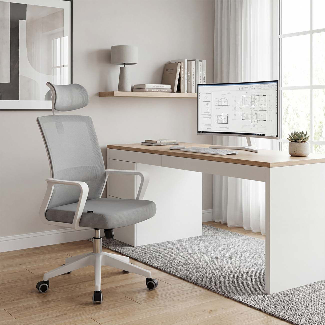 Una oficina en casa moderna con silla de malla gris, escritorio blanco y computadora mostrando planos.