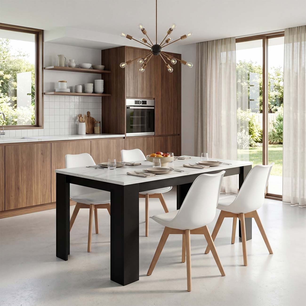 Área de comedor moderna con gabinetes de cocina de madera, mesa y sillas blancas.