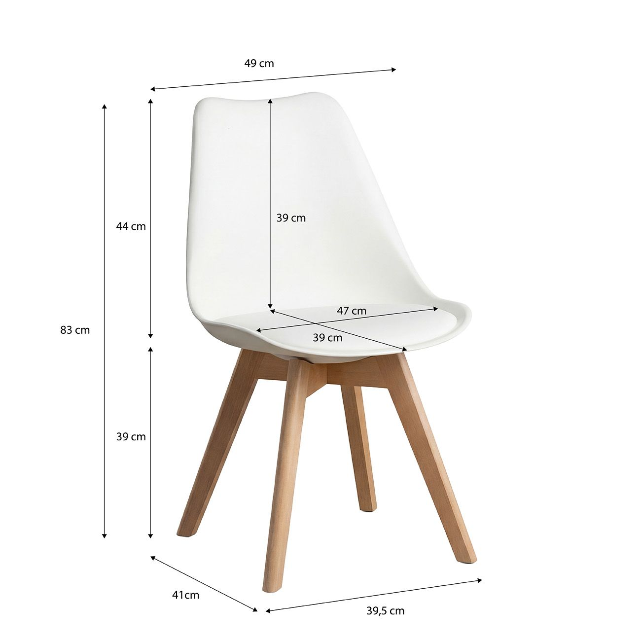 Silla tulipa blanca con patas de madera, se muestran dimensiones.