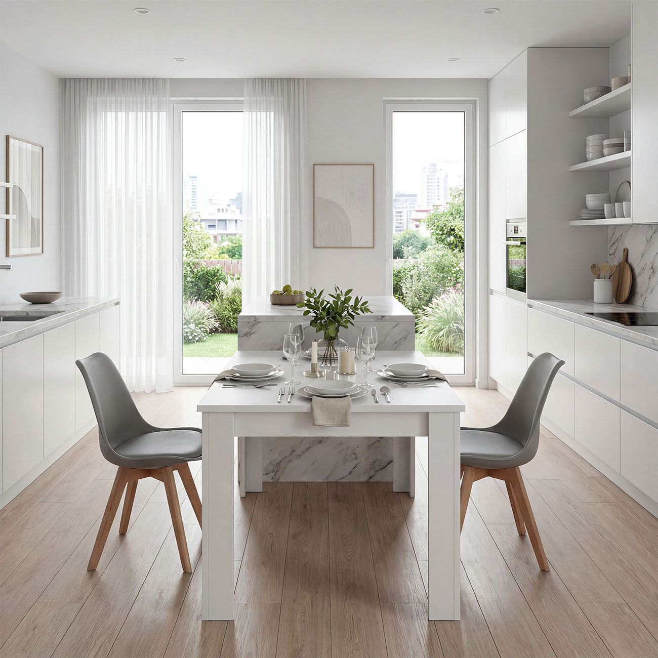 Cocina luminosa con mesa de comedor para dos, jardín visible afuera.