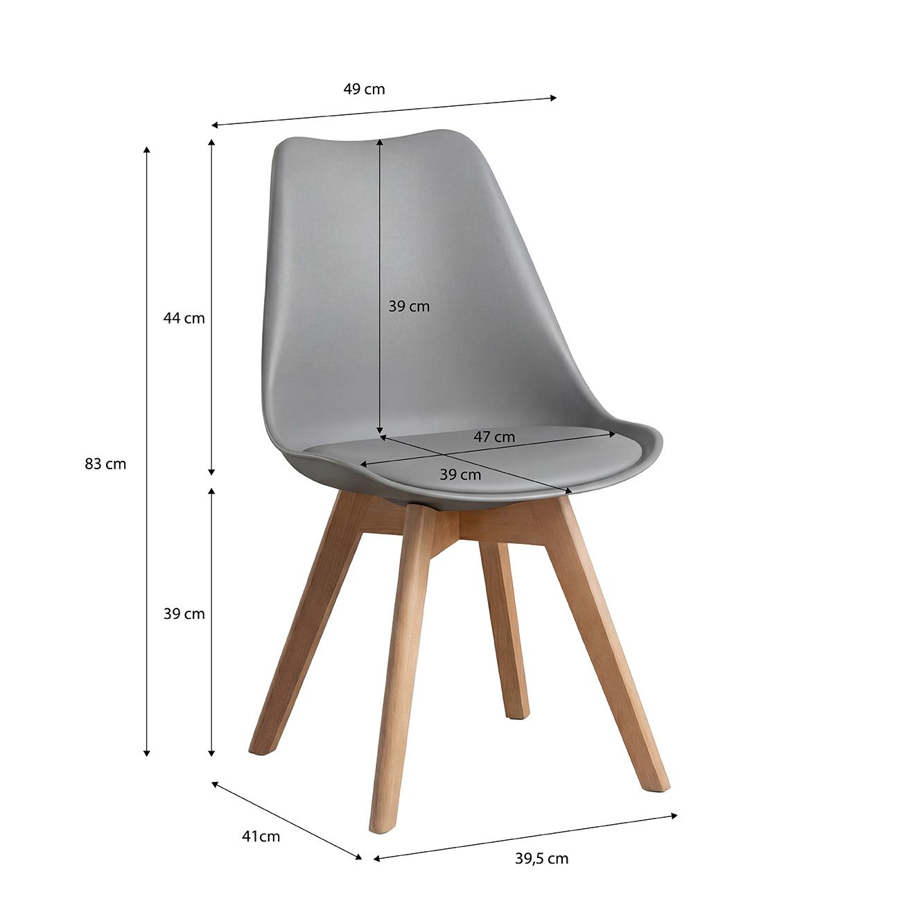 Silla gris con patas de madera y dimensiones.