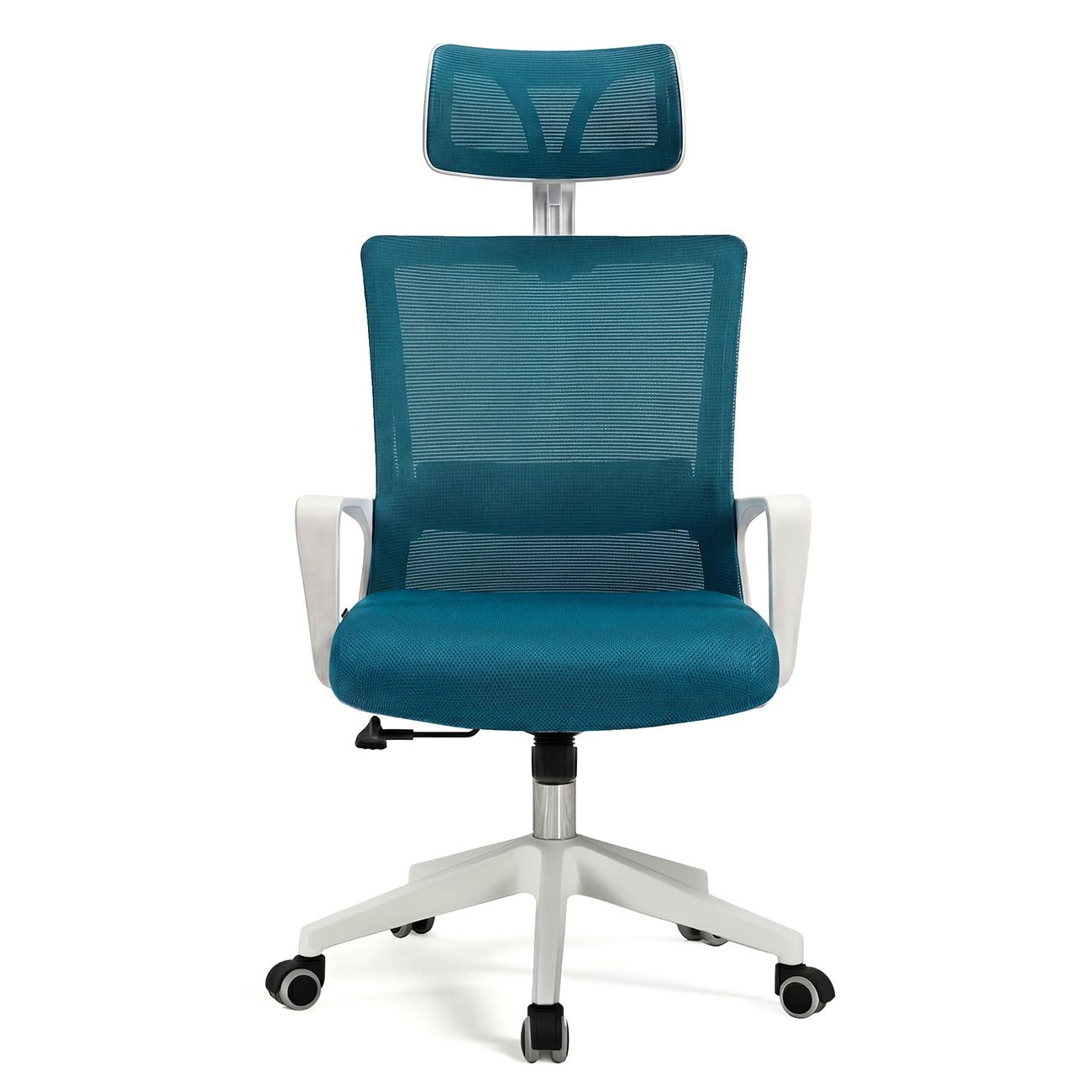 Silla de oficina azul de malla con base blanca y reposacabezas.