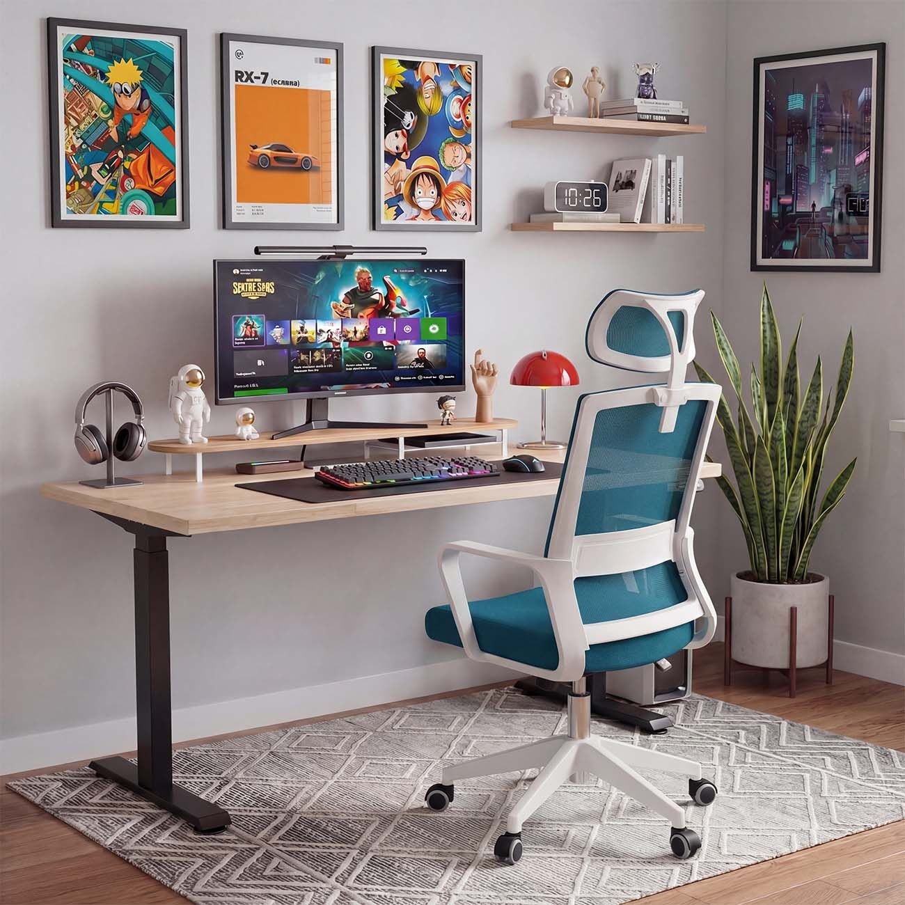Un escritorio con computadora, teclado, auriculares y decoraciones.