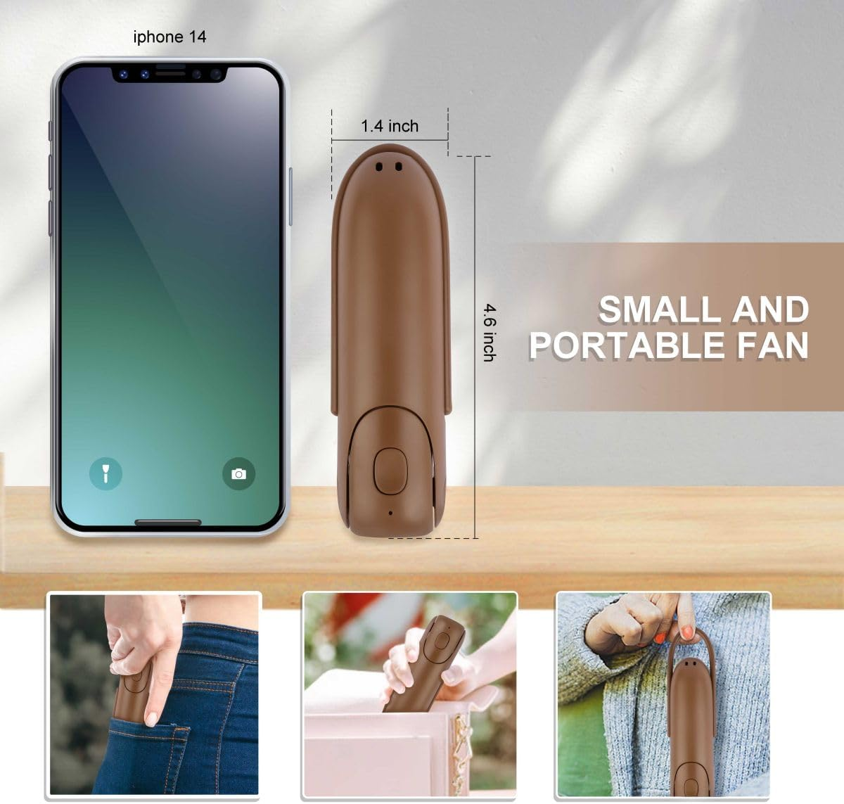 Brauner, tragbarer Lüfter neben einem iPhone 14, Maße 4,6x1,4 Zoll.