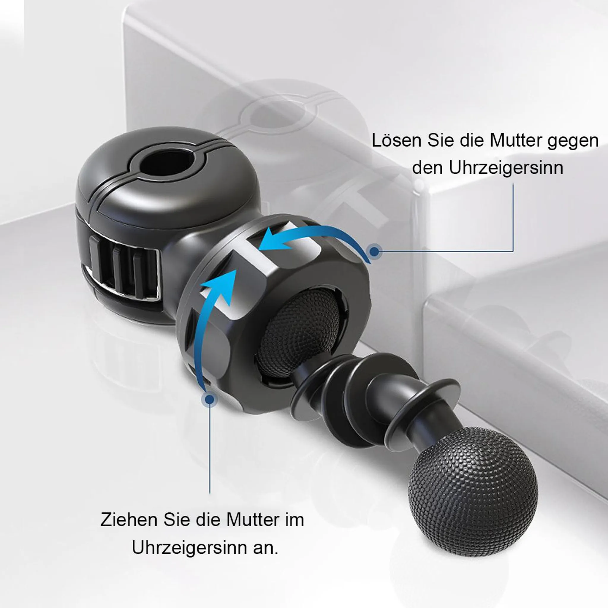 Schwarzer Kugelgelenk-Adapter mit Pfeilen, die die Drehrichtung anzeigen.