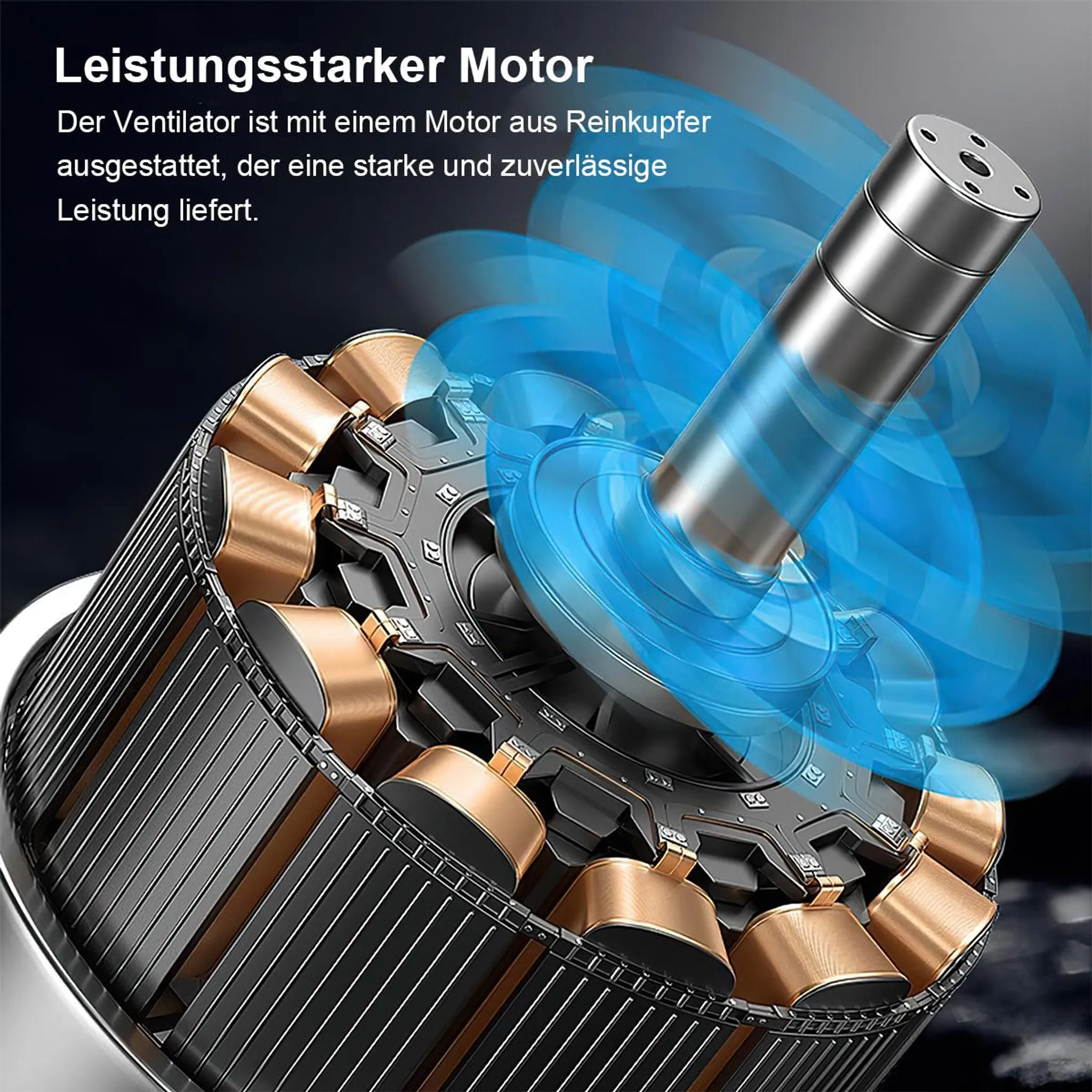 Ein starker Motor mit Kupferwicklungen und drehenden Lüfterblättern.
