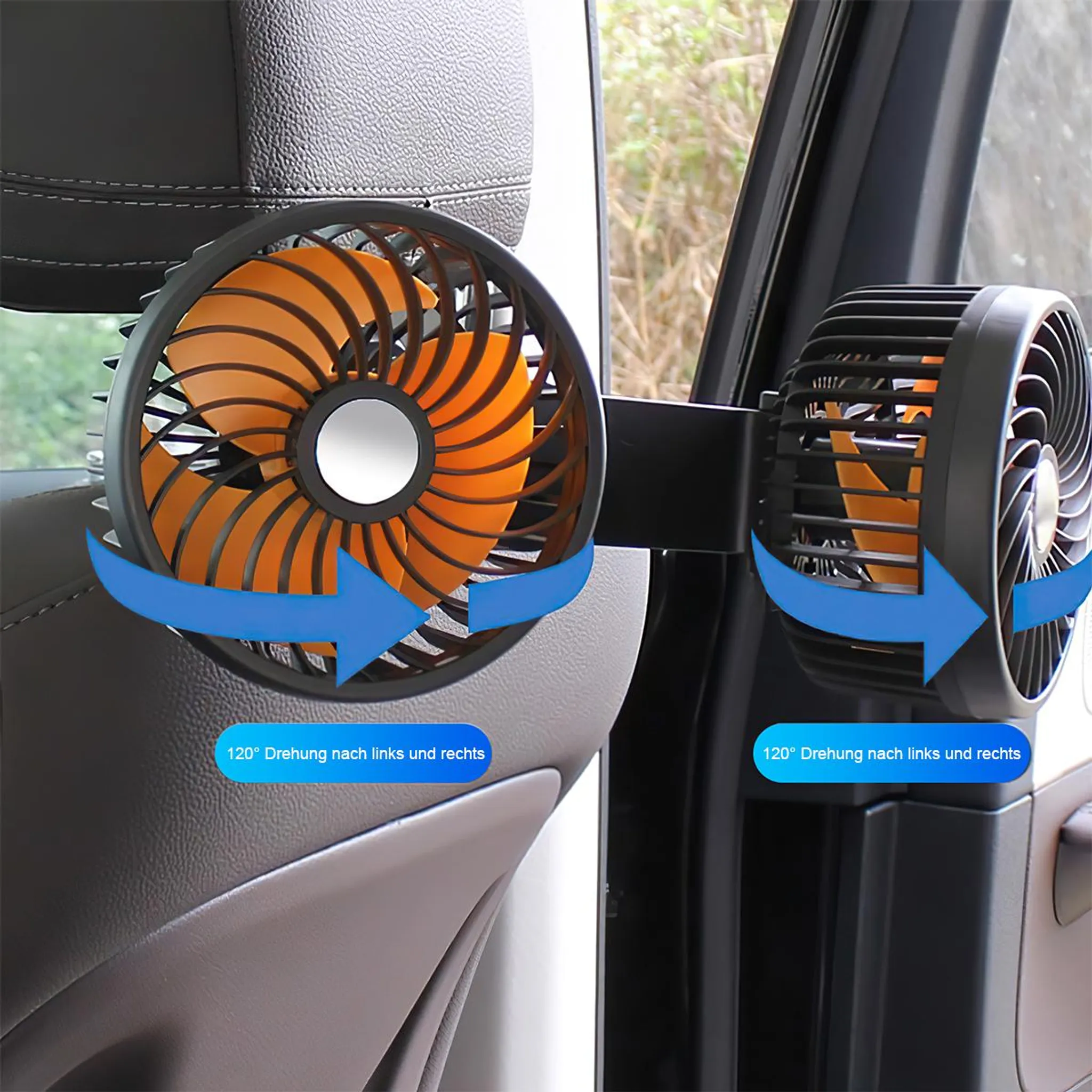 Zwei Lüfter im Auto, einer an einem Sitz, der andere an der Tür.