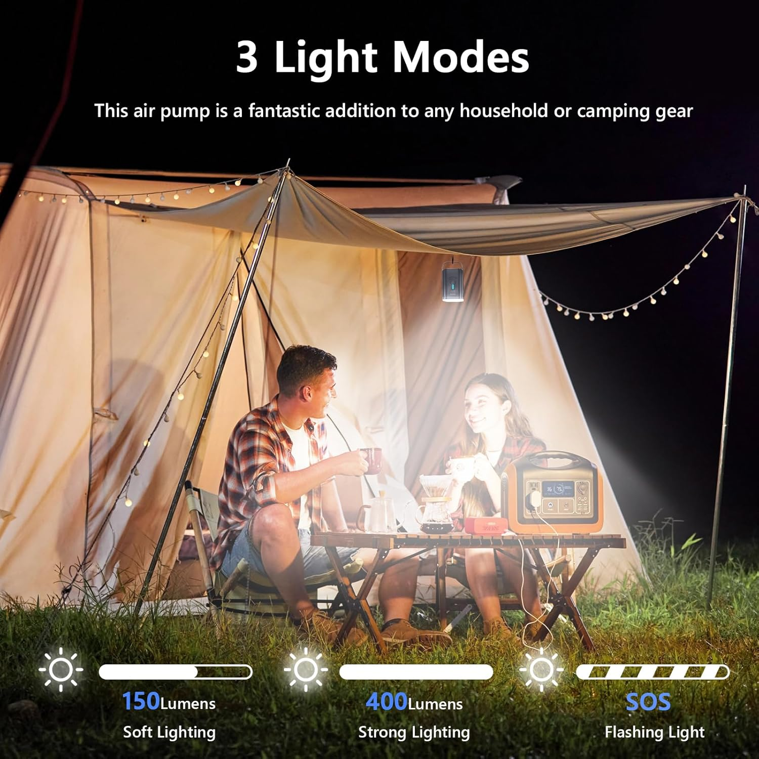 Paar im Zelt, 3 Lichtmodi: 150 Lumen, 400 Lumen, SOS.