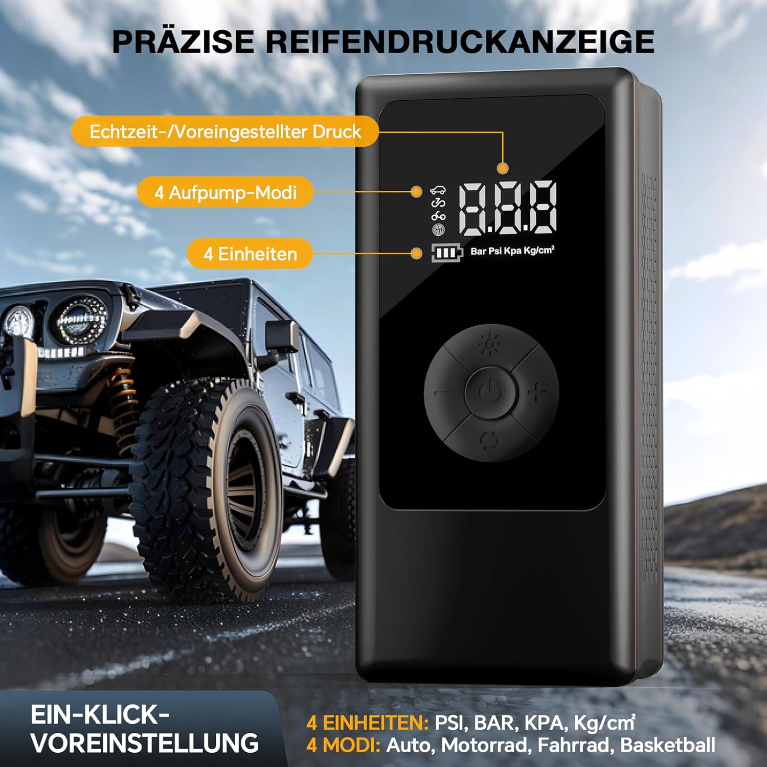Schwarzer digitaler Reifenfüller neben einem Geländewagen. Zeigt Druck an.