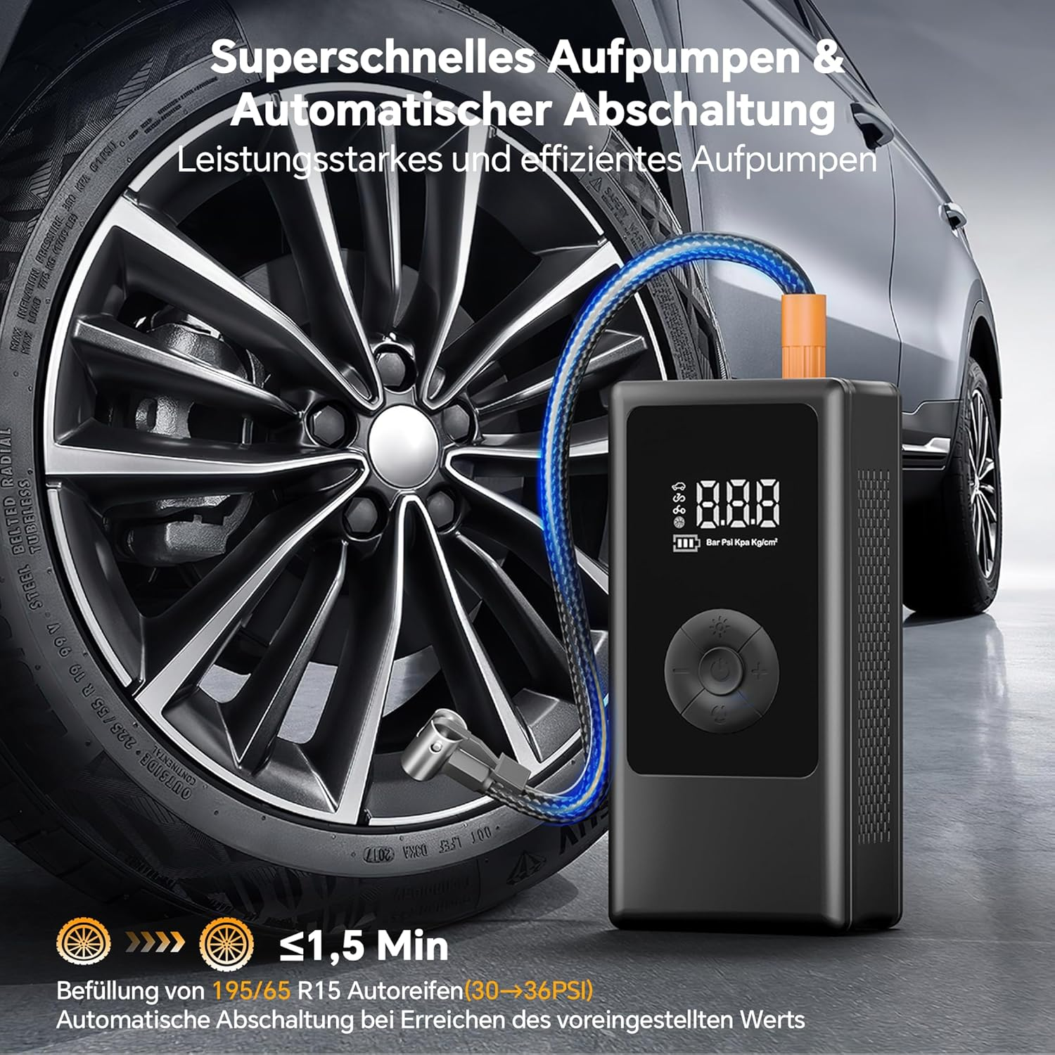 Schwarzer digitaler Reifenfüller neben einem Auto, pumpt Reifen auf.