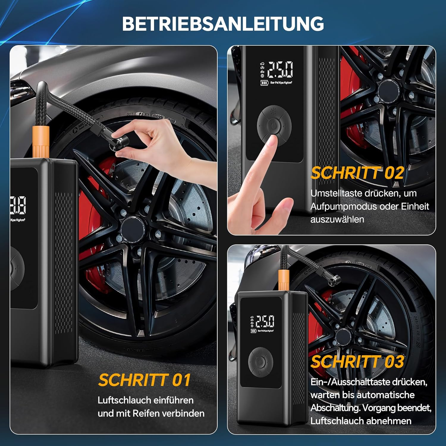 Anleitung zum Reifen aufpumpen mit einem digitalen Gerät und einem Auto.