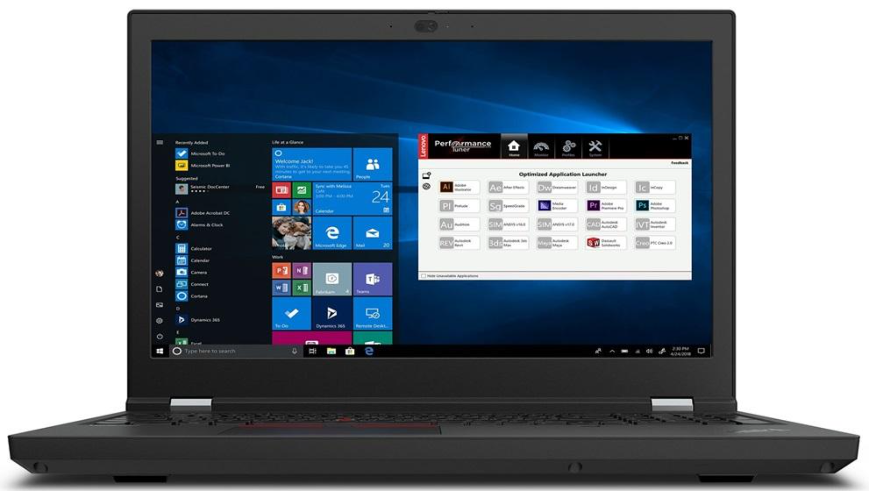 Ein schwarzer Lenovo Laptop mit einem blauen Hintergrund und offenen Anwendungen.