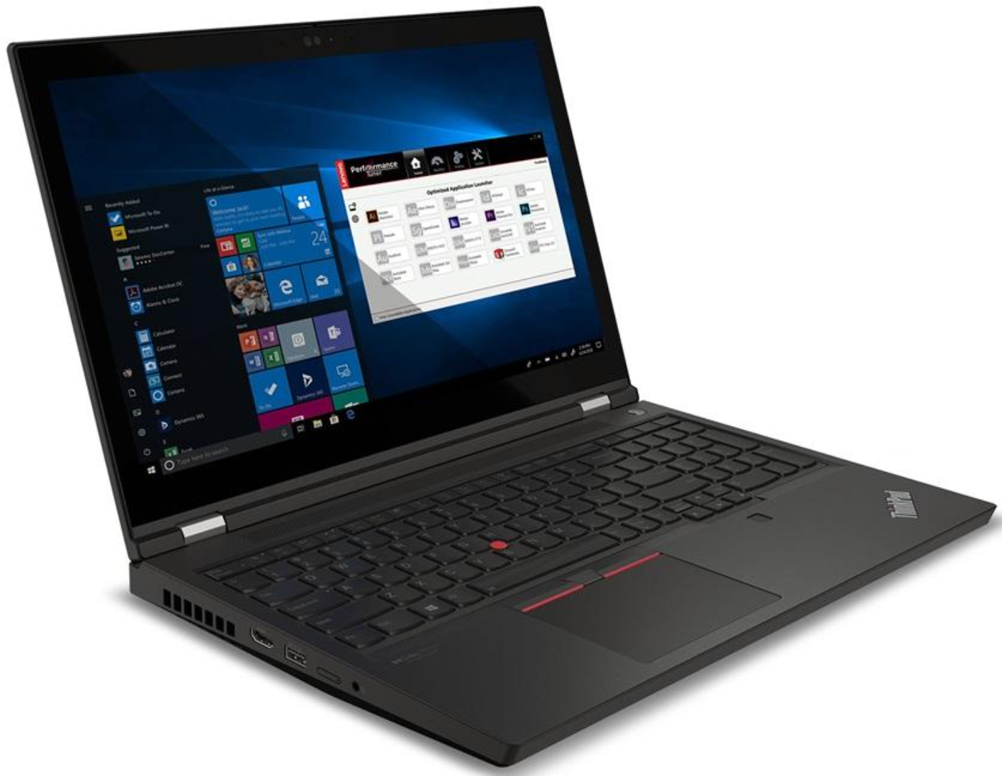 Ein schwarzer Lenovo ThinkPad Laptop ist geöffnet und zeigt ein Windows 10 Startmenü und App-Launcher.