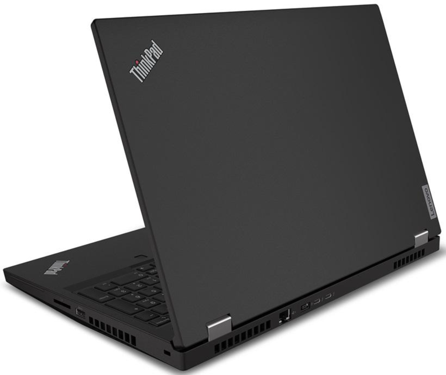 Ein schwarzer Lenovo ThinkPad Laptop ist geöffnet, Blickwinkel von schräg vorne.